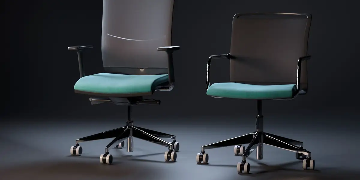 Two mesh-back office chairs with teal seats on a dark studio background