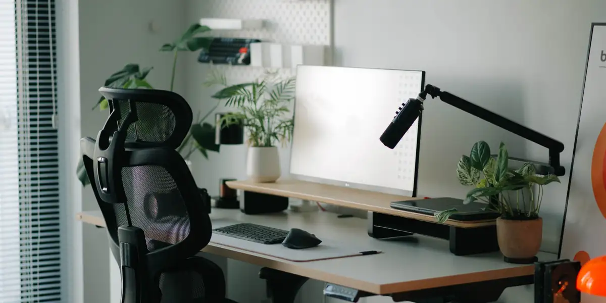 Black mesh ergonomic chair with a headrest at a height-adjustable desk with a monitor and plants