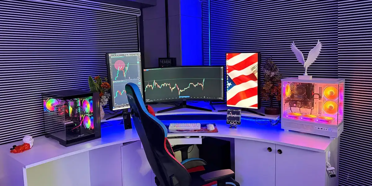Racing-style gaming chair at a curved white desk with several monitors and RGB-lit PCs